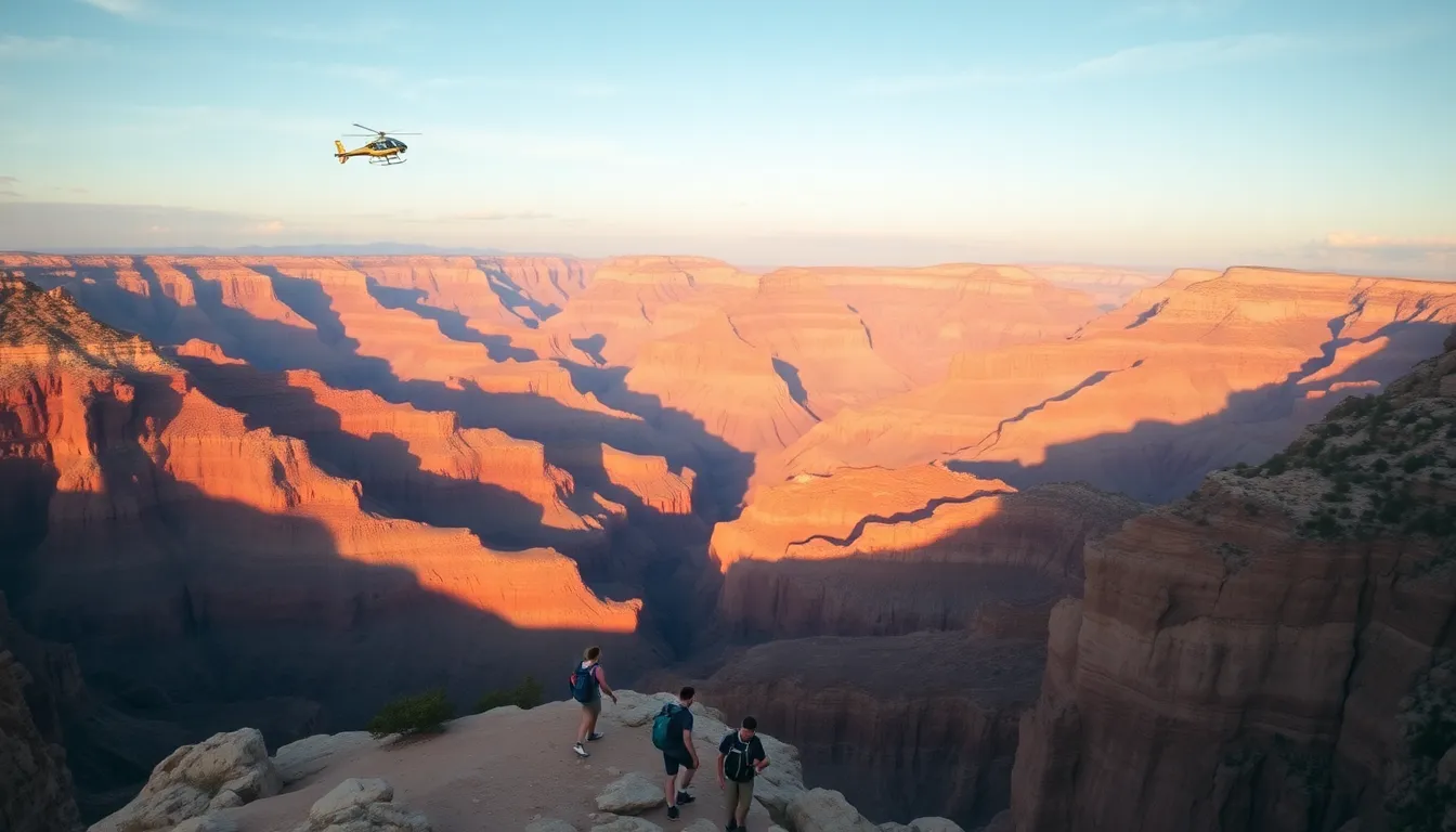 Aerial view of the Grand Canyon at sunrise with hikers on trails.