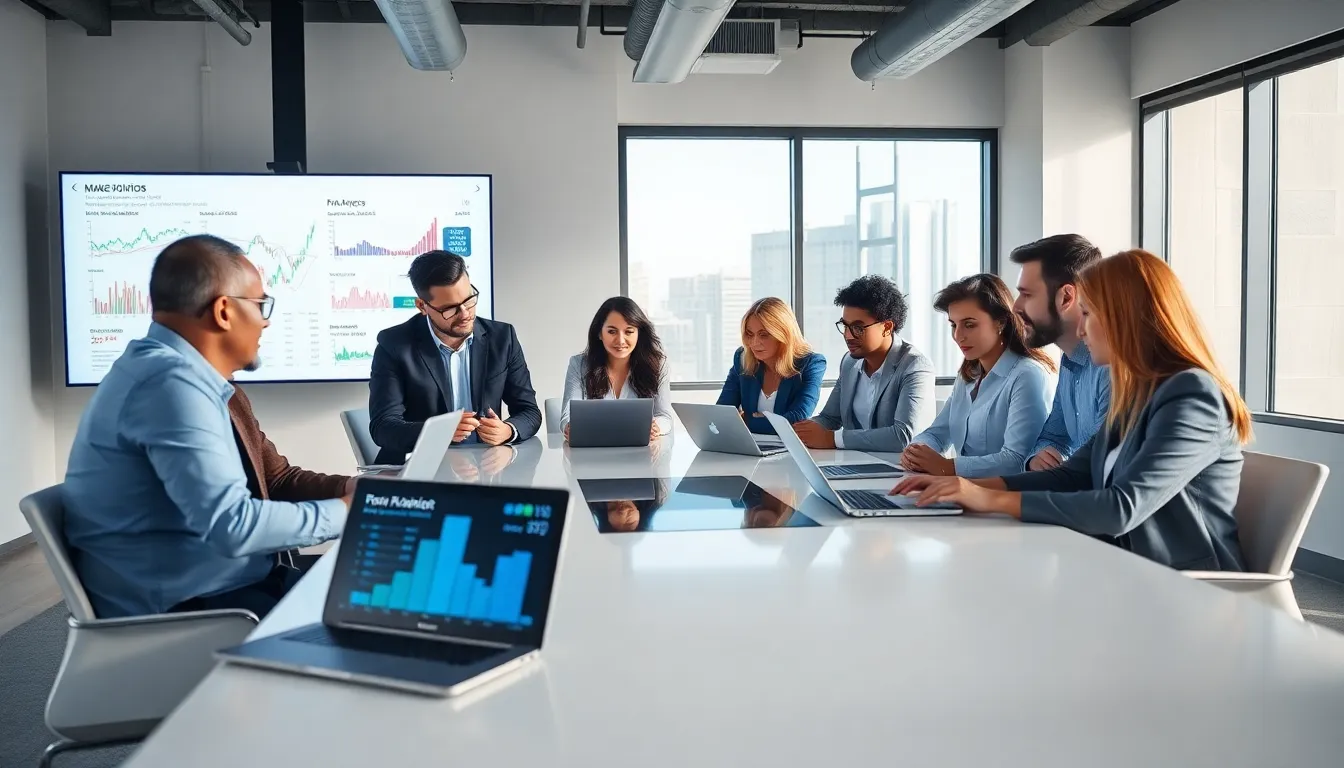 diverse financial advisors collaborating with digital tools in a modern office.