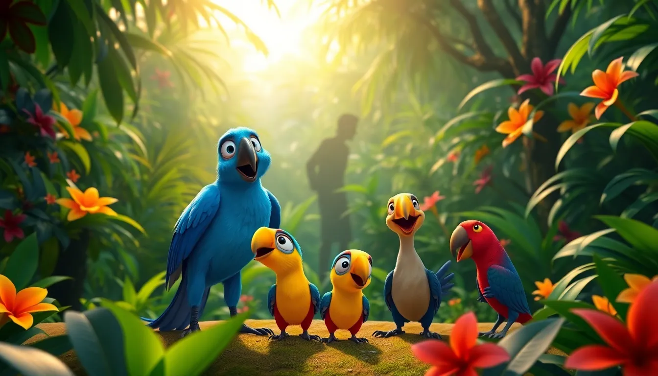 animated characters from Rio 2 in a colorful Amazon rainforest.